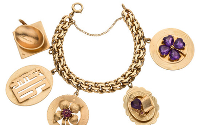 Ruby, Amethyst, Gold Bracelet The 14k gold bracelet suspends...