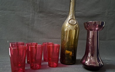 SELECTION OF COLOURED GLASSWARE comprising a green glass win...