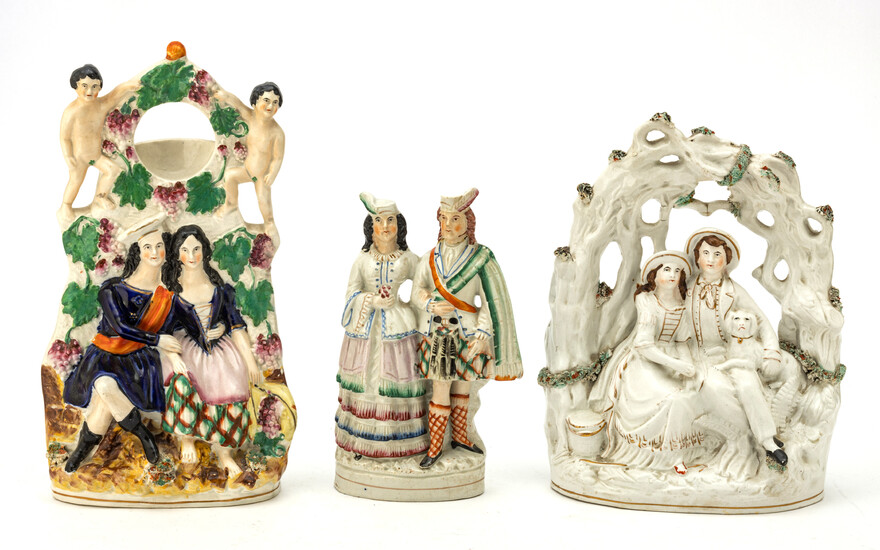 STAFFORDSHIRE EARTHENWARE FIGURINES, 19TH C, 3 PCS, H 9"-13.5", COURTING COUPLES