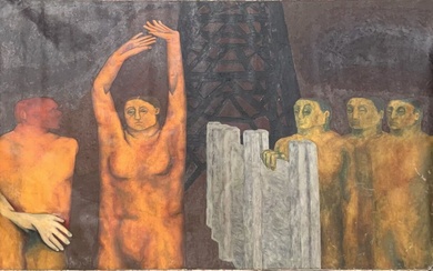 SUDHIR PATWARDHAN (Né 1949) "Five figures" Huile sur toile, signée et datée au dos 1976....