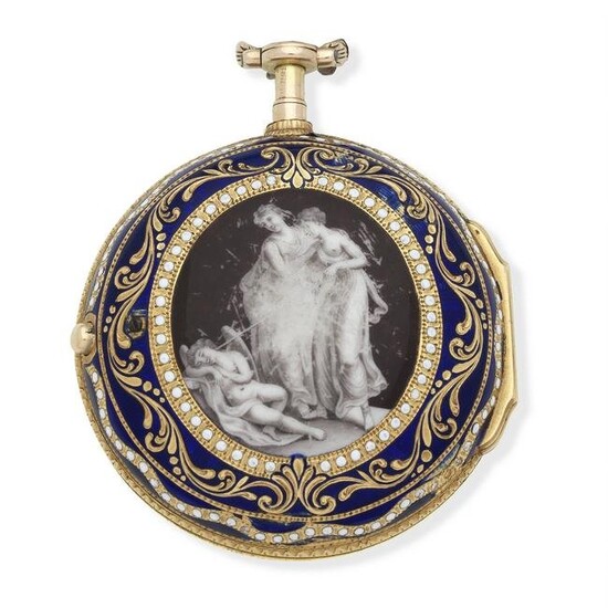 Samuel Toulmin, Strand, London. A gold key wind pair case pocket watch with enamel decoration Lo...