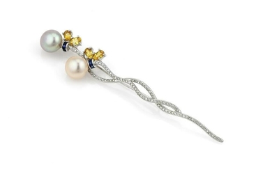 Sapphire Diamond & Pearl Pin Brooch in 18K White