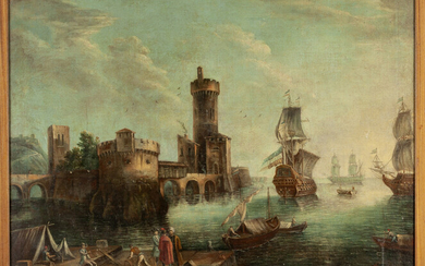Scuola veneta sec.XVIII "Paesaggio marino con mercanti" olio cm. 97x120