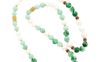 Seaman Schepps Long Gold, Cultured Pearl, Jade and Ruby Bead Necklace