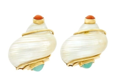 Seaman Schepps Pair of Gold, Shell, Coral and Turquoise 'Turbo Shell' Earclips