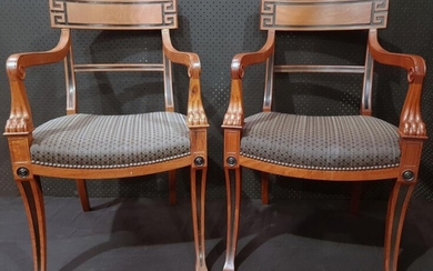 Set of Eight Empire Style Dining Chairs with bar backs and lion paw detail and charcoal diaper upholstery (H:87 x W:56cm)