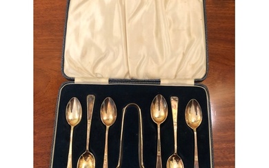 Set of R&B Sheffield Solid silver tea spoons and sugar tongs...