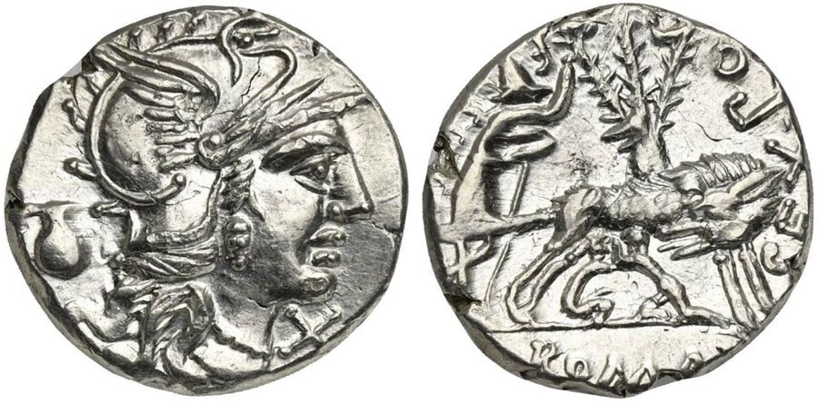 Sex. Pompeius Fostlus, Denarius, Rome, 137 BC. AR (g 3,89; mm 19; h 8). Helmeted head of Roma r.; capis to l., denomination mark before, Rv. She-wolf standing r., head l., suckling the twins (Remus and Romulus); to l., shepherd Faustulus standing r.;...