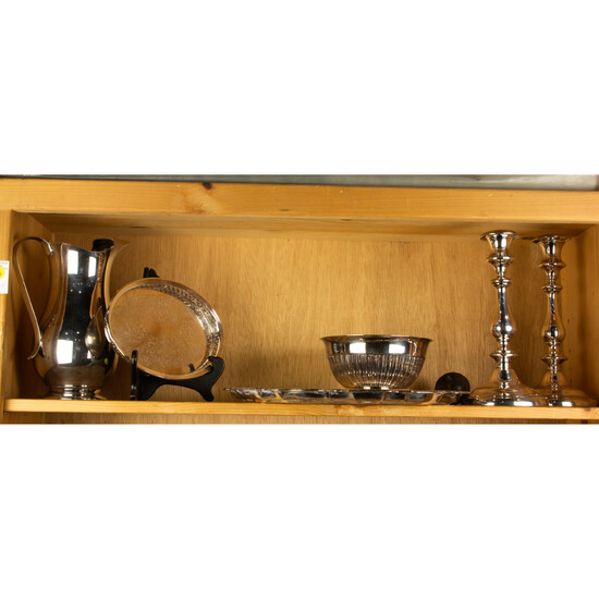 Shelf of plated items: Towle tray, a water pitcher & pair of candlesticks