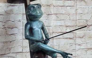 Signed Original Frog Fishing Under a Mushroom Bronze Sculpture - 23" x 20"