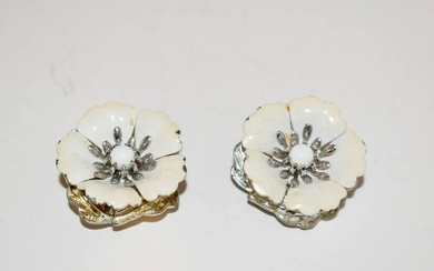 Signed Sarah Cov white enamel flower clip earrings