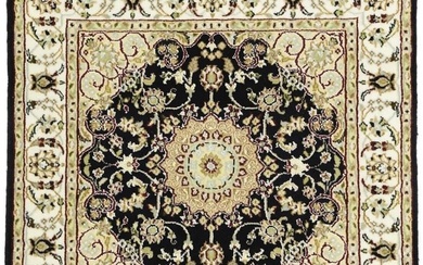 Small Square Rug Black Floral 4X4 Indo-Nain Oriental Room Office Decor Carpet