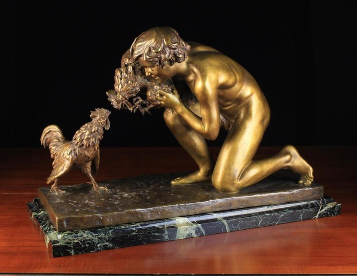 Sophie Debry, Circa 1920. A Fine Bronze Sculpture; ''The Cock Fight'' modelled as a young male nude
