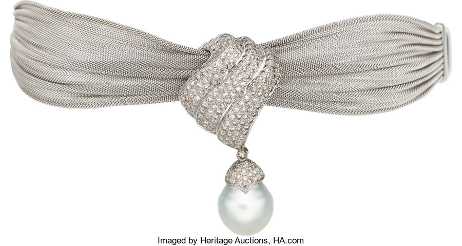 South Sea Cultured Pearl, Diamond, White Gold Convertible Necklace-Bracelet...