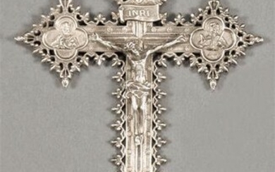 Spanish silver base font in the shape of a cross with