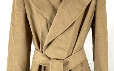 Sportmax: Beige Wool Cashmere Blend Wrap Overcoat, Contrast Topstitch Detail to Edges, Tie Belt, Flap Pockets, Zips to Cuffs