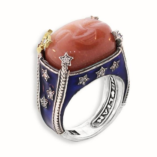 Stambolian Aged Silver & 18K Gold Ring Moon Face Peach