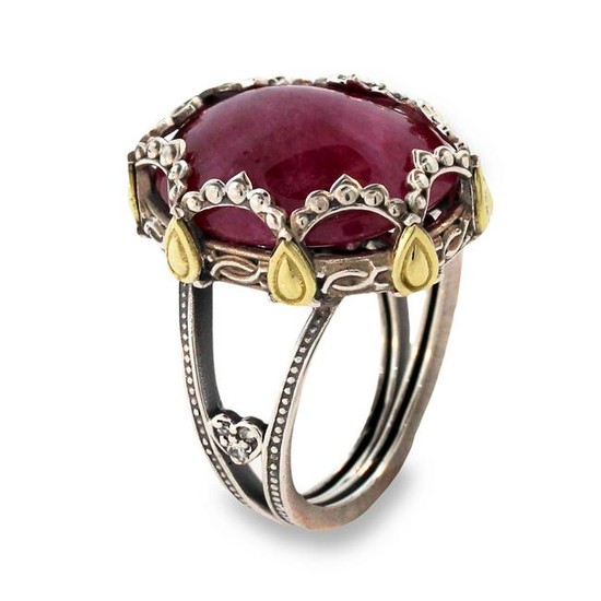 Stambolian Aged Silver & 18K Gold Ring with Cabochon