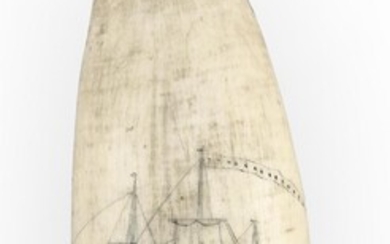 SCRIMSHAW WHALE'S TOOTH WITH WHALESHIP AND SAILOR Mid-19th...