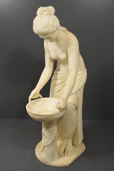 Statue of a young lady with a basket in alabaster, late 19th century, unsigned, small missing (height 55 cm)