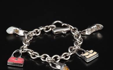 Sterling Shoe and Purse Charm Bracelet Including Mother-of-Pearl, Tiger's-Eye