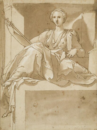 Studio of Taddeo Zuccaro, Italian 1529-1566- Seated woman holding a staff; pen and brown ink and brown wash heightened with white, with traces of red chalk on cream laid paper, bears inscription and date 'Tadeus Zuccarus 1559' (lower right), bears...