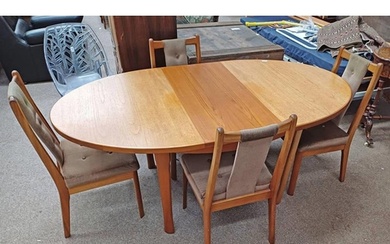 TEAK EXTENDING DINING TABLE WITH FOLD OUT LEAF & SET OF 4 TE...