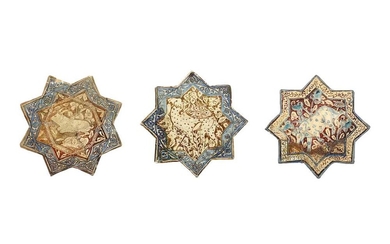 THREE COBALT BLUE AND LUSTRE-PAINTED STAR POTTERY TILES PROPERTY OF THE LATE BRUNO CARUSO (1927 - 2018) COLLECTION Possibly Kashan, Iran, 13th - 14th century