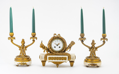 TIFFANY & CO. FRENCH EMPIRE DORE BRONZE & MARBLE GARNITURE SET, MADE IN FRANCE, 19TH.C. H 8.5", W 9" (CLOCK)