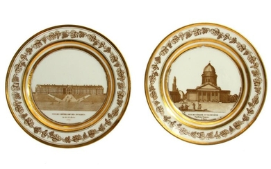 TWO FRENCH GILT PORCELAIN HAND PAINTED PLATES