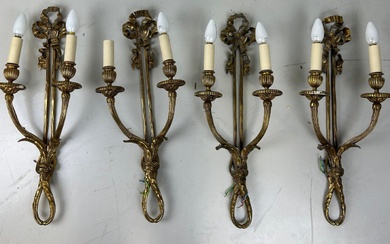 TWO PAIRS OF REGENCY STYLE GILT BRASS WALL SCONCES...