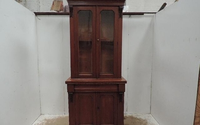 Tall Victorian Mahogany Double Glass Door Bookcase with Drawer...