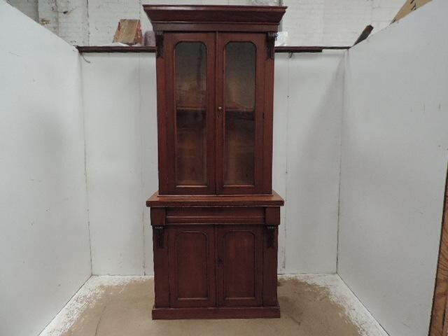 Tall Victorian Mahogany Double Glass Door Bookcase with Drawer...