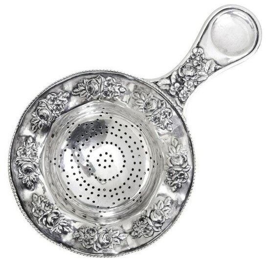 Tea Strainer With Matching Bowl, Silver, Early 20th