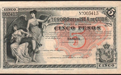 Tesoro de la Isla de Cuba. 12 de agosto de 1891. 5 pesos. Casi SC. Muy buen ejemplar