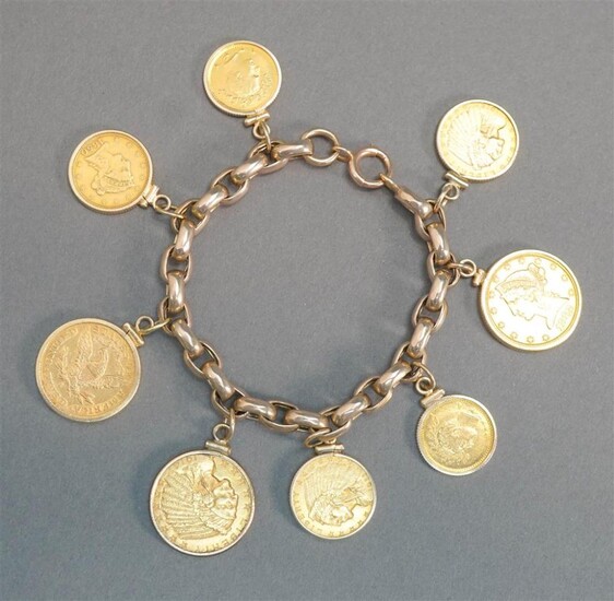 Tested 10-Karat Yellow-Gold Bracelet with Six U.S. Gold Coins and Two Iranian Gold Coin Charms, 43.1 gross dwt, L: 7 in