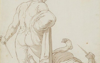 Thomas Rowlandson, British 1756-1827- The duel; pencil, pen and brown ink and grey wash on paper, 23.4 x 19 cm.