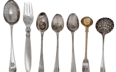 Three Scottish Provincial silver teaspoons by William Hannay, Paisley, 1796-1814, with bright cut stems to monogrammed terminals, 12.6cm long together with a Georg Jensen silver fork; a silver sifting spoon; a silver mustard spoon, London, 1813...