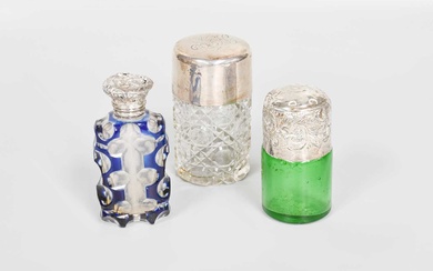Three Various Silver-Mounted Glass Scent-Bottles, comprising two cylindrical examples, one...