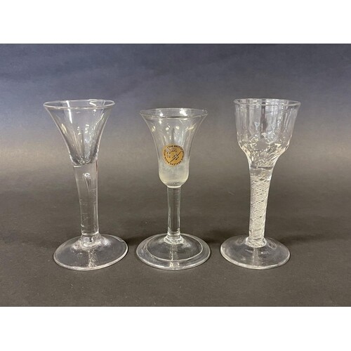 Three antique English Georgian wine glasses, one of trumpet ...