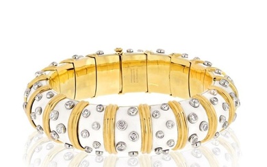 Tiffany & Co. Schlumberger Platinum & 18K Yellow Gold White Enamel Diamond Bangle Bracelet