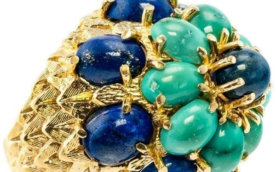 Turquoise Lapis Ring 14K Gold Retro 1950s