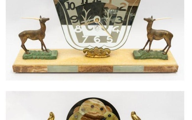 Two Art Deco marble mantle clocks with bird and deer...