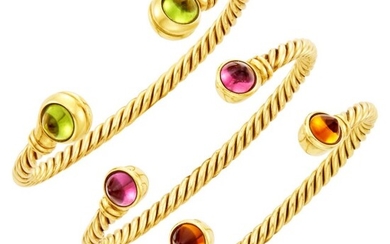 Two Bulgari Gold, Cabochon Citrine and Pink Tourmaline Bangle Bracelets and Gold and Cabochon Peridot Bangle Bracelet