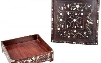 Two Chinese Square-Form Shell-Inlaid Hardwood Scholar Trays