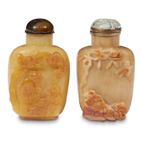 Two Chinese carved yellow-beige agate figure-decorated snuff bottles