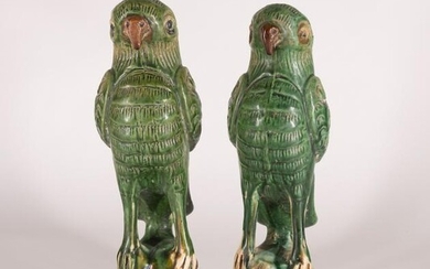 Two Chinese Glazed Pottery Parrots