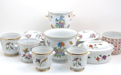 Two Herend Queen Victoria pattern porcelain jardinières, 20th century, each with scallop form lugs, printed factory marks to the underside, 20cm and 16cm high, together with a further selection of porcelain jardinières and lidded dishes, various...