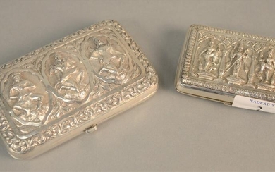 Two Indonesian silver cigarette boxes with figures, one
