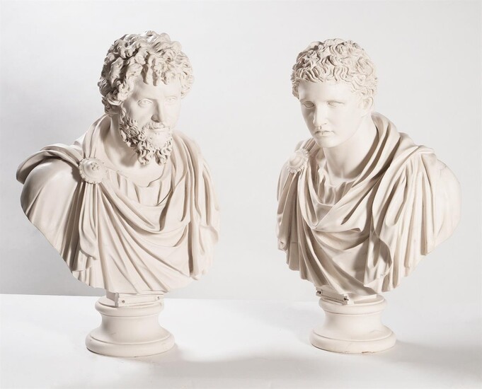 Two large modern resin 'marble' busts of Romans
